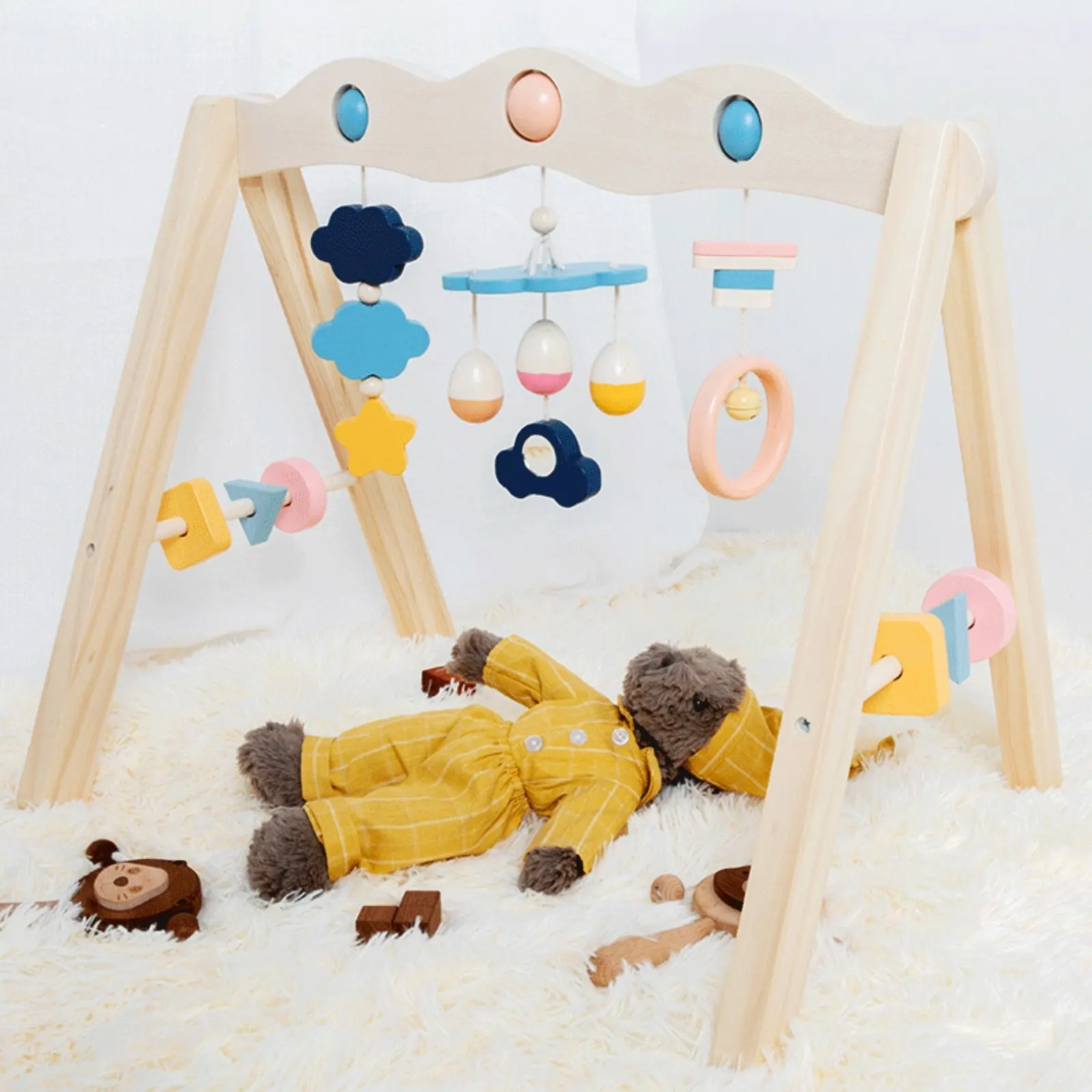 Wooden Baby Gym Nordic Design Wooden Infant Play Gym Hanging Toy Stand Tummy Time Hand-Eye Coordination for Infants view 4