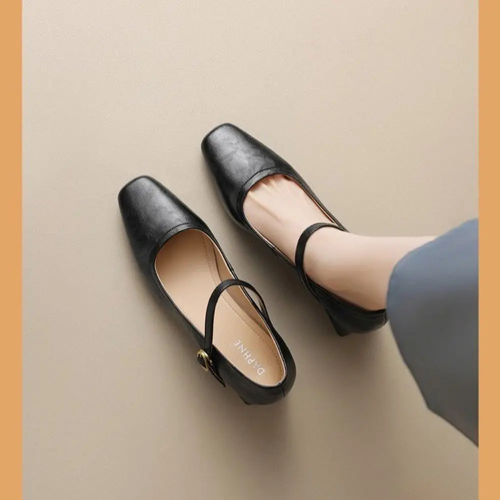 كعب منخفض المطاط بولي PU حذا فردي للسيدات الكورية نمط أحذية مسطحة القاع أقل من 3 سنتيمتر كعب مربع الانزلاق على الأحذية لارتداء اليومي #4