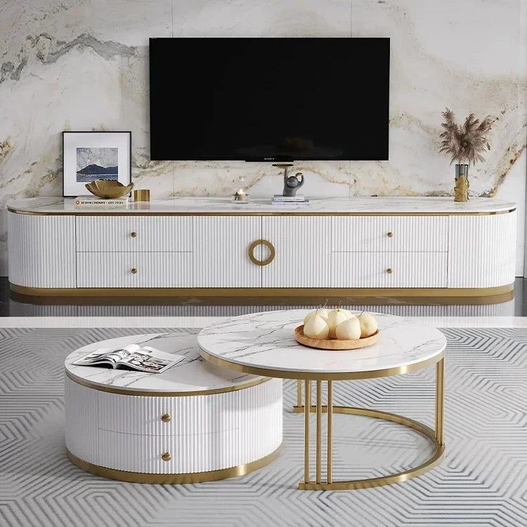 Design Modern Gold Coffee Table And Tv Stand Set Luxury With Drawer For Living Room Furniture