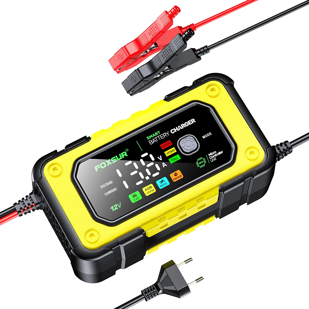 FOXSUR Car Battery Charger 12V 7A 10A Batteries 7-Stage Charging Pulse Repair with Digital LCD Display for Car Motorcycle