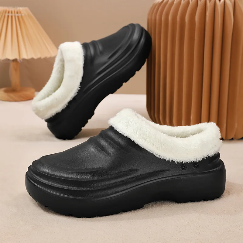 2024 Winter Men Warm Kitchen Cotton Shoes Non-slip Waterproof Restaurant Working Shoes Eva Chef Couple Black Cotton Slippers