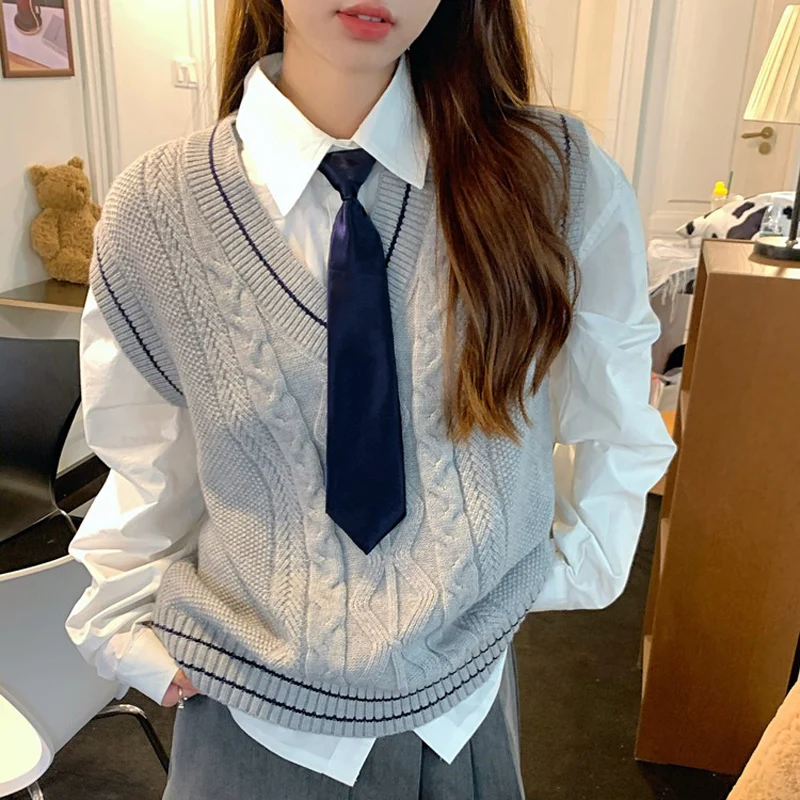 เสื้อกั๊กไหมพรมถักสำหรับผู้หญิง สไตล์ลำลอง ชุดสองชิ้น แฟชั่นใหม่สำหรับฤดูใบไม้ร่วง สไตล์นักศึกษา เสื้อคลุม