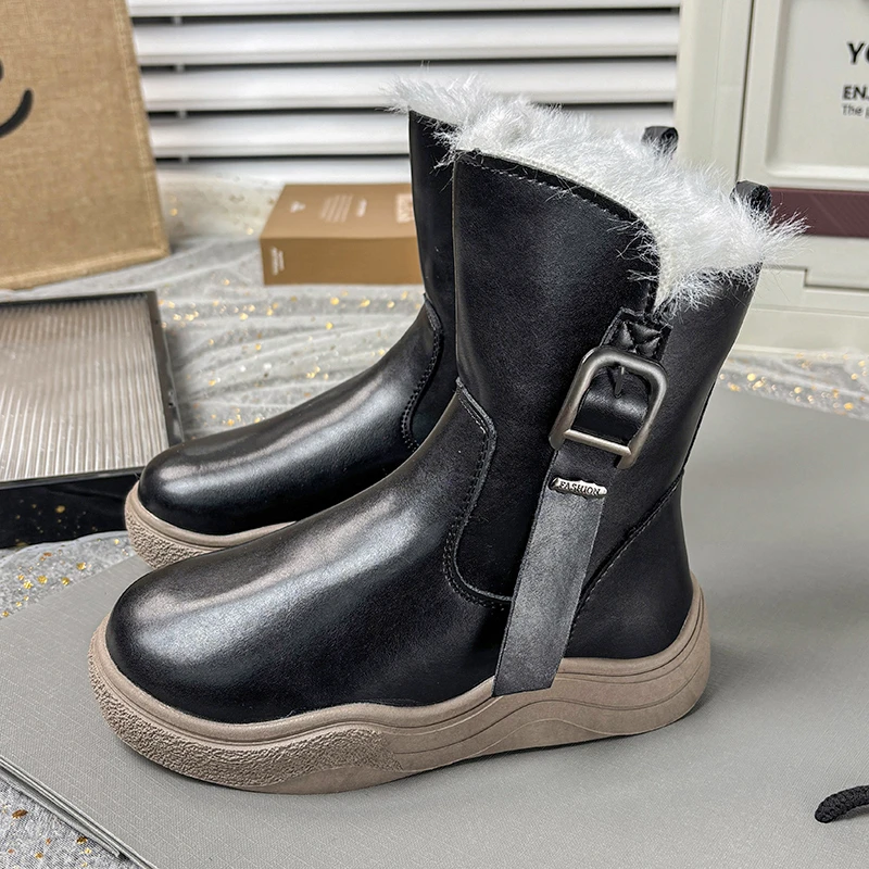 أطفال فو الفراء الأحذية للفتيات 2025 جديد الشتاء الاطفال أفخم بطانة حذاء من الجلد عدم الانزلاق تنفس أحذية المدرسة للفتيات الأحذية