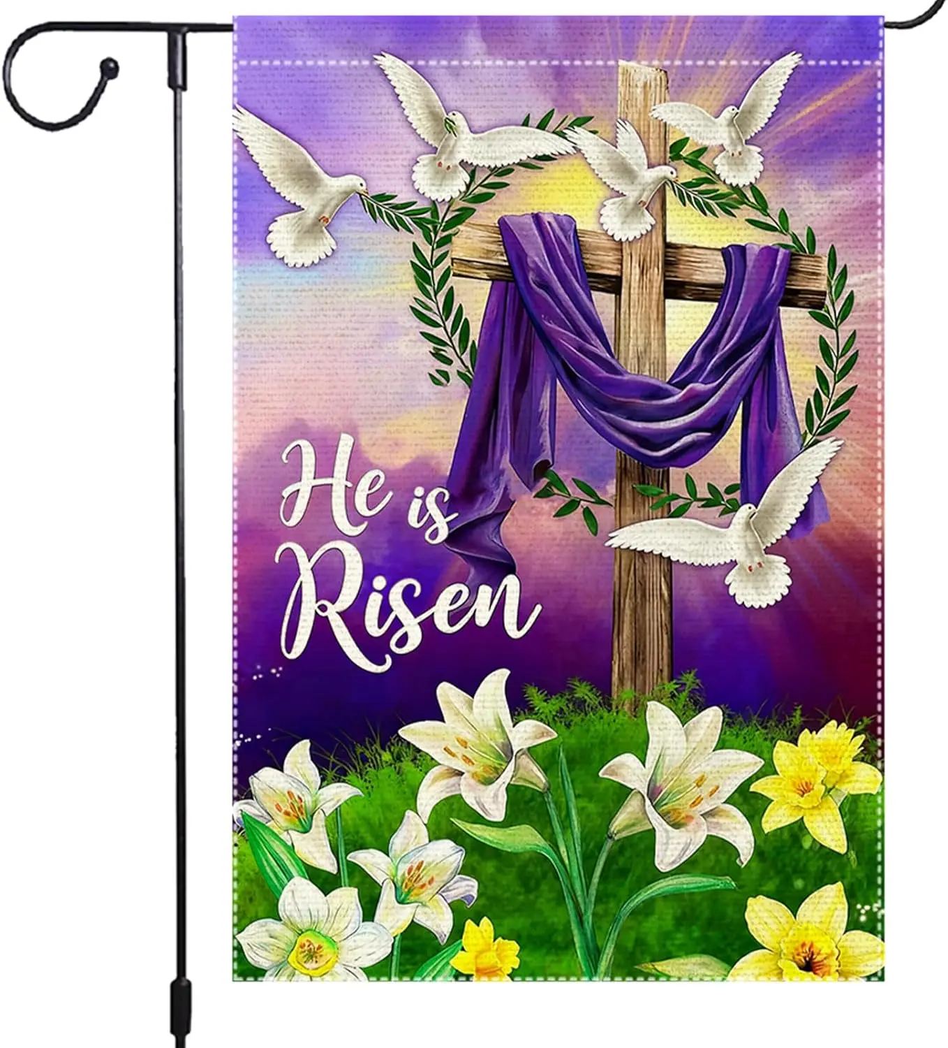 Easter Garden Flag 12x18 Inch Double Sided Burlap Flag He is Risen Cross Doves Olive Wreath Lilies Christian Outdoor Decor f PPM