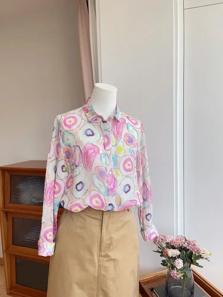 

Versatile Thin Basic Loose Long-sleeved Shirt Women's Top Colorful Circle Cotton and Linen Shirt High Count Cotton and Linen