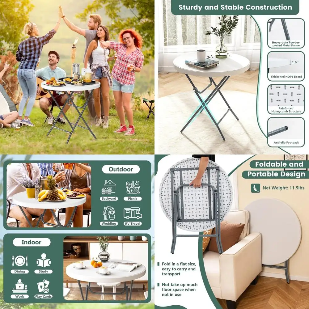 

Portable 32 Folding Picnic Table with Weather-Resistant HDPE Top and Durable Metal Frame for Outdoor Use