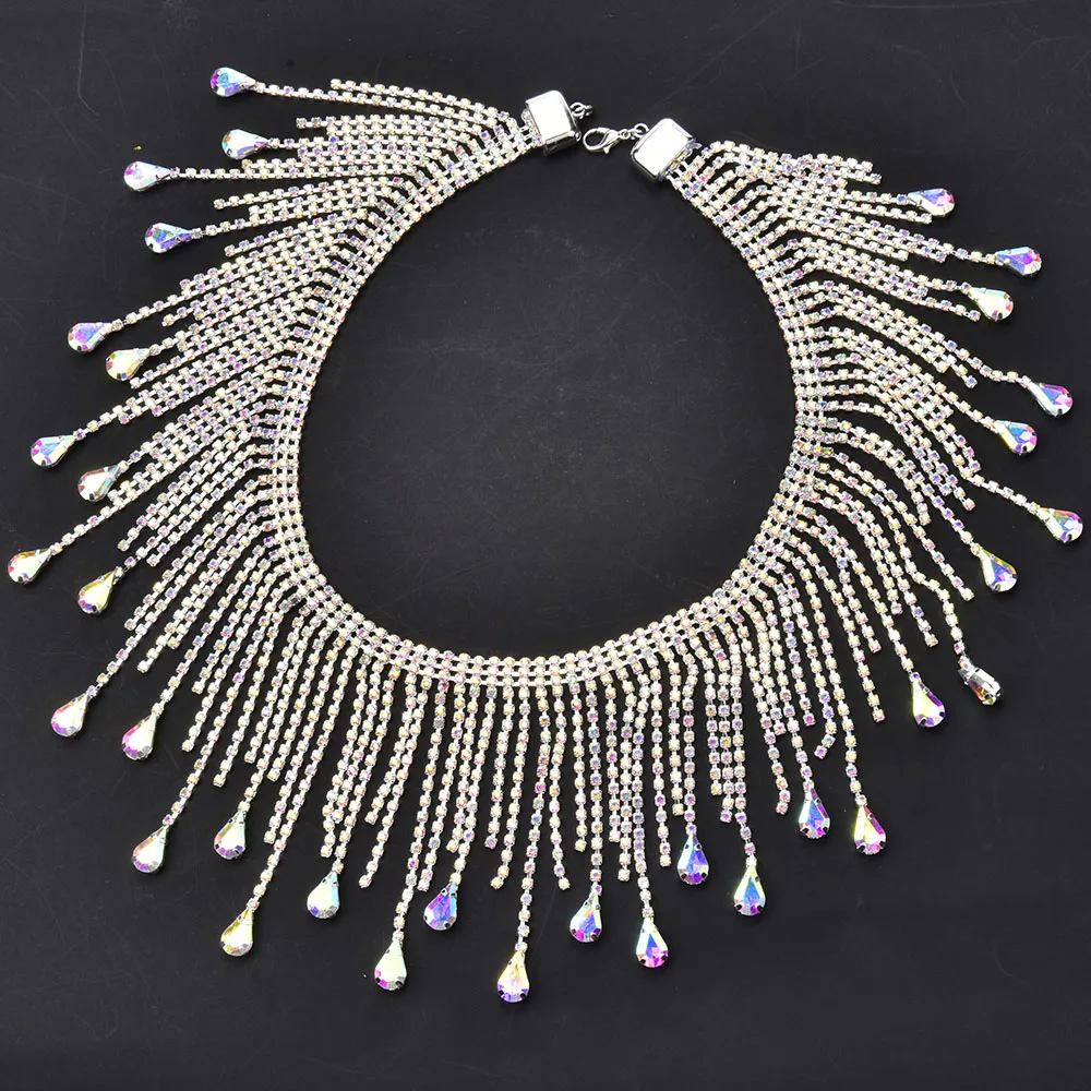 Finished product Necklace DIY Glass Teardrop Rhinestone AB Tassels Metal Chain Crystal Gold AB Fringe Dancing Shinning Trimming
