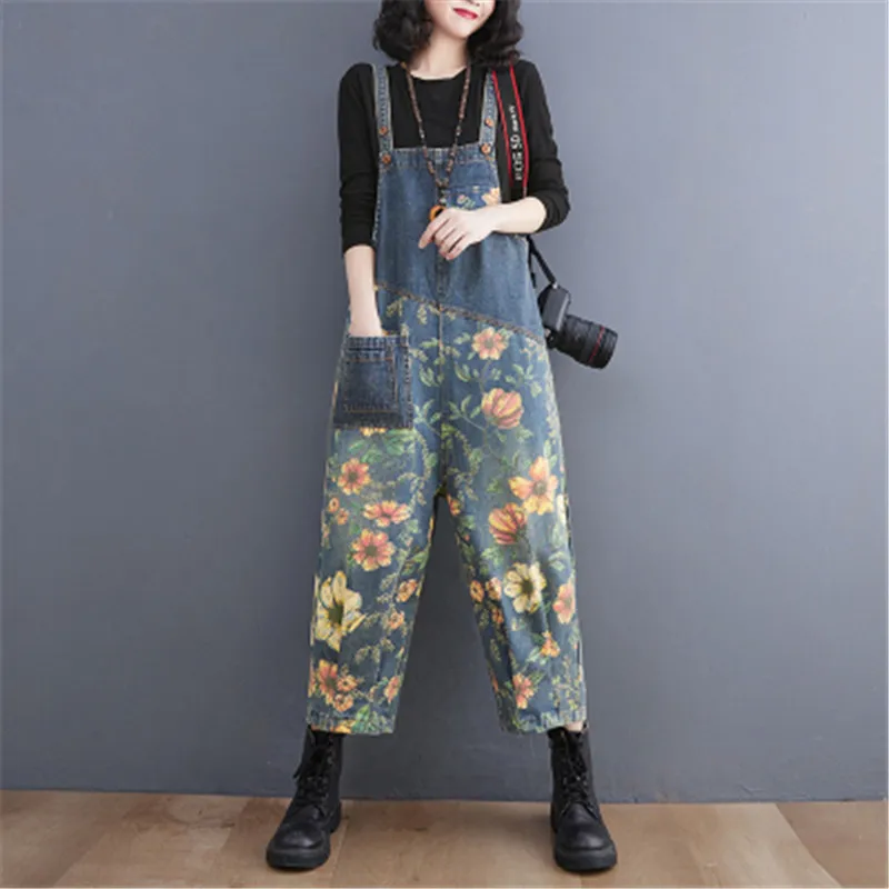 

2024 Spring And Summer New Denim Overalls Women Fashion Loose Thin Print Thin Seven Points For Harlan Jeans Jumpsuit Female W268