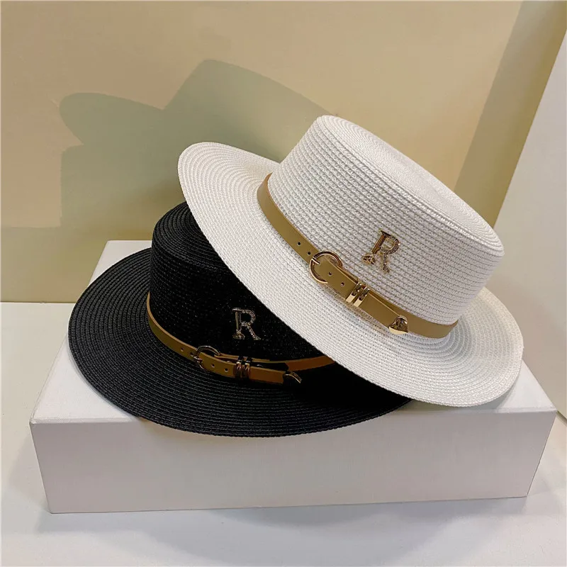 Summer Women\'s Flat Top Hat Casual Vacation Travel Beach Retro Bucket Hats for Women Letter R Sun Protection Straw Cap