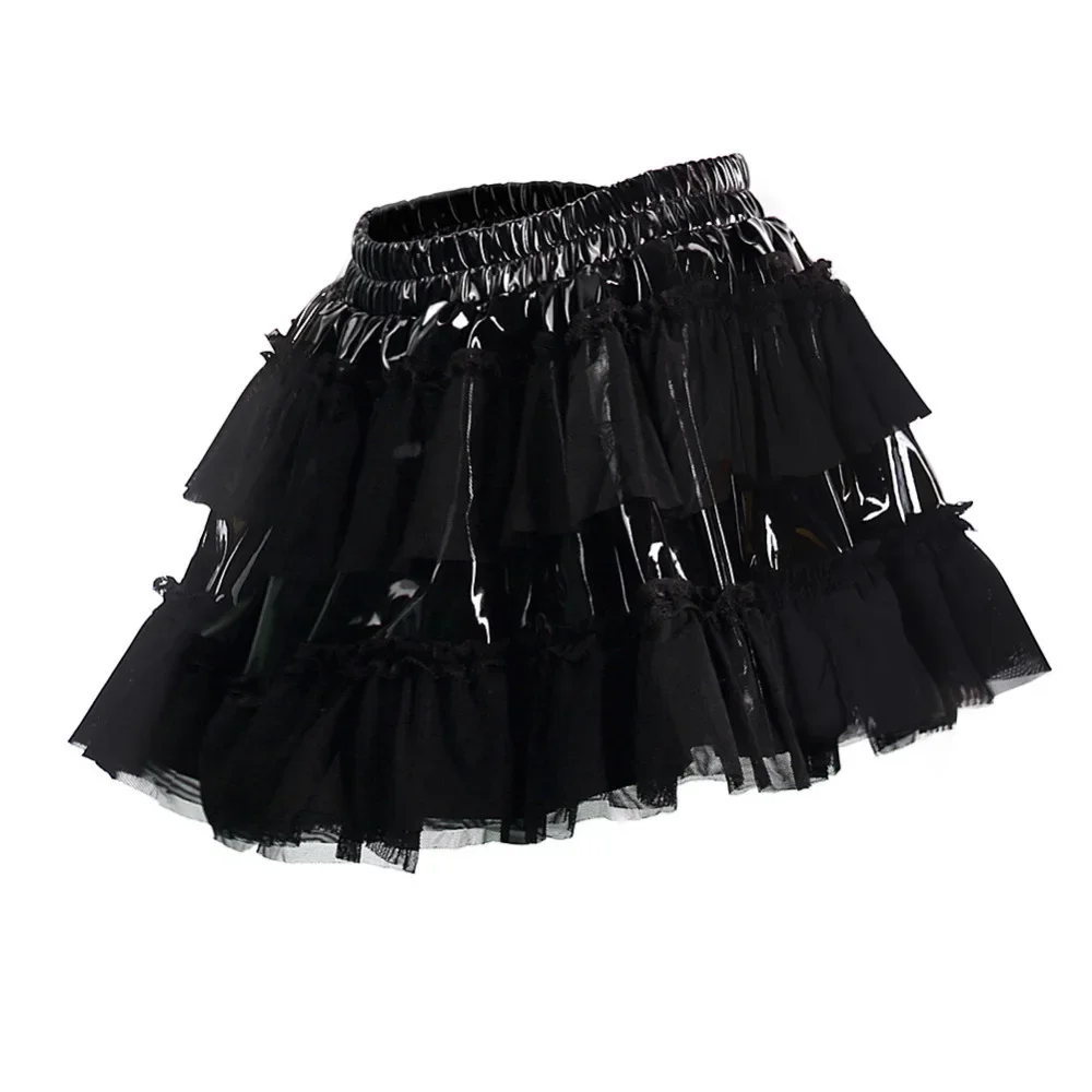 Womens Mesh Patchwork Wetlook Leather Skirt Shiny Latex Mini Skirts for Rave Party Club Dance Stage Performance Costume Clubwear