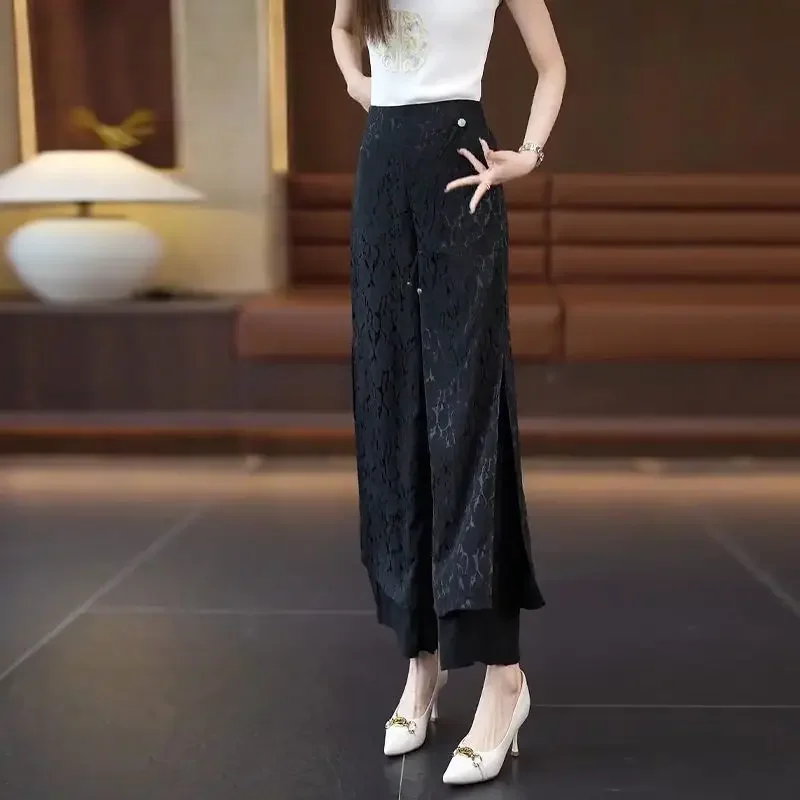 

Hook Flower Hollow Spring Autumn Trousers Solid Color Drawstring Lace Patchwork Women's Clothing Elastic High Waisted Pants