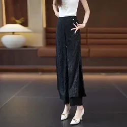 Hook Flower Hollow Spring Autumn Trousers Solid Color Drawstring Lace Patchwork Women's Clothing Elastic High Waisted Pants