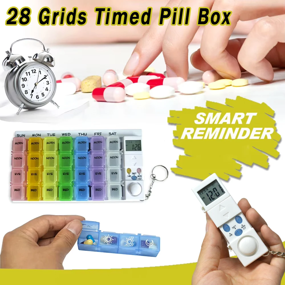 Weekly Medicine Pill Box Alarm Clock Timer Reminder Pill Dispenser 28 Grids Pill Case Portable Tablet Storage Container Travel