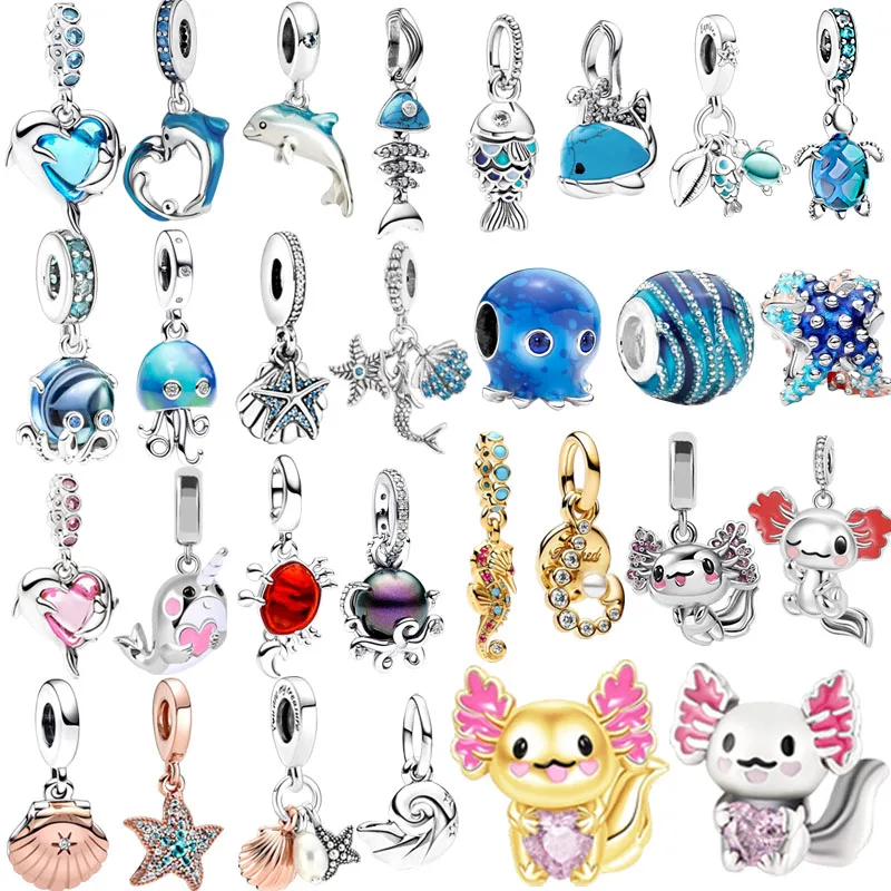 

Новые оригинальные серебряные милые подвески-шармы в виде саламандры, осьминога, дельфина, черепахи, бусины для самостоятельного изготовления женских украшений, подарочные бусины для браслетов