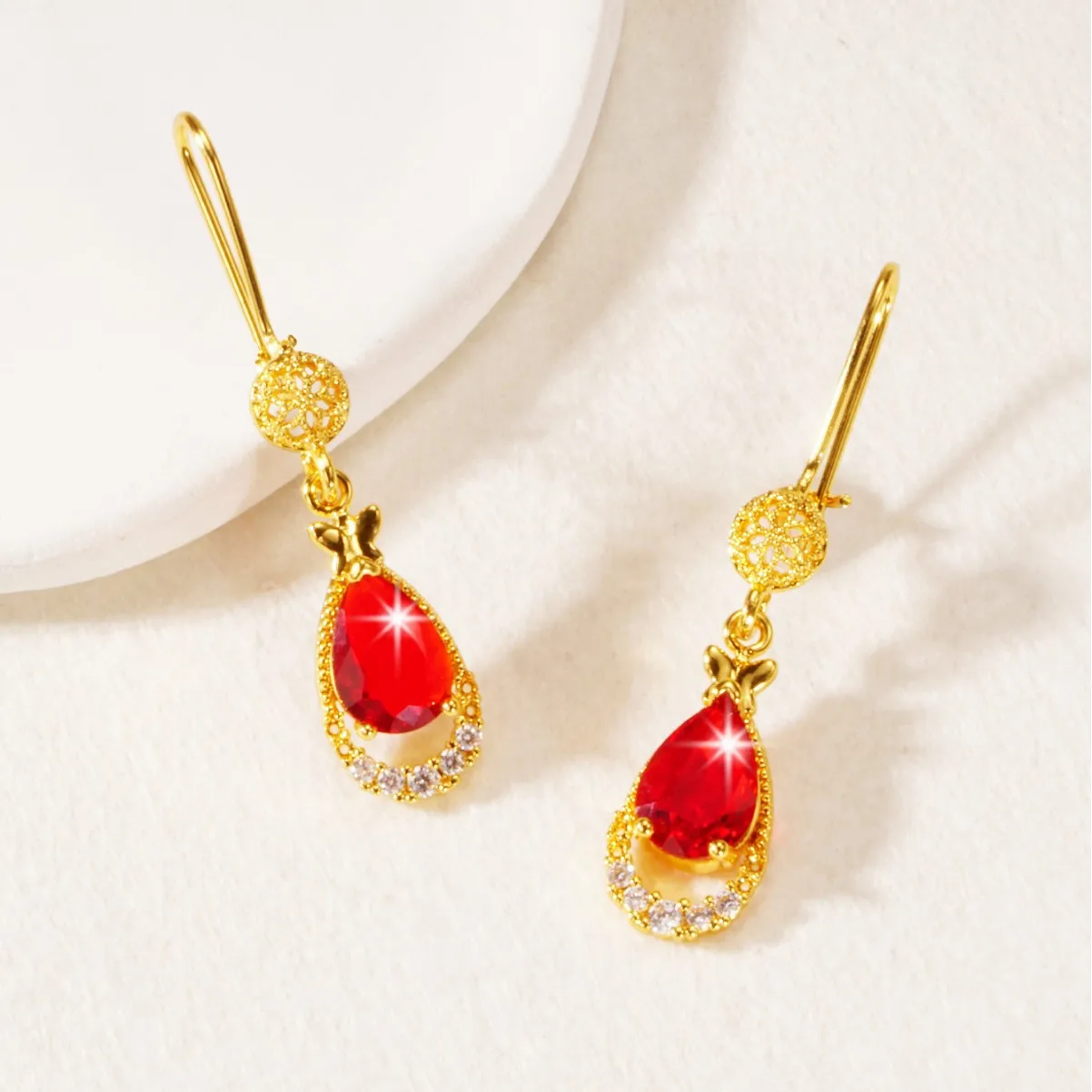 9999 gold luxury micro-set zirconia teardrop earrings for women, double-set gemstone stud earrings, golden jewelry wholesale