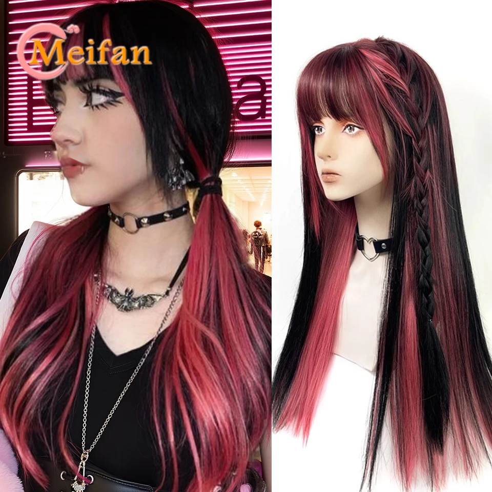 

Long Straight Black Red/Pink Straight Wig with Bangs Daily Use Synthetic Straight Wig For Women Halloween Cosplay Party Wig