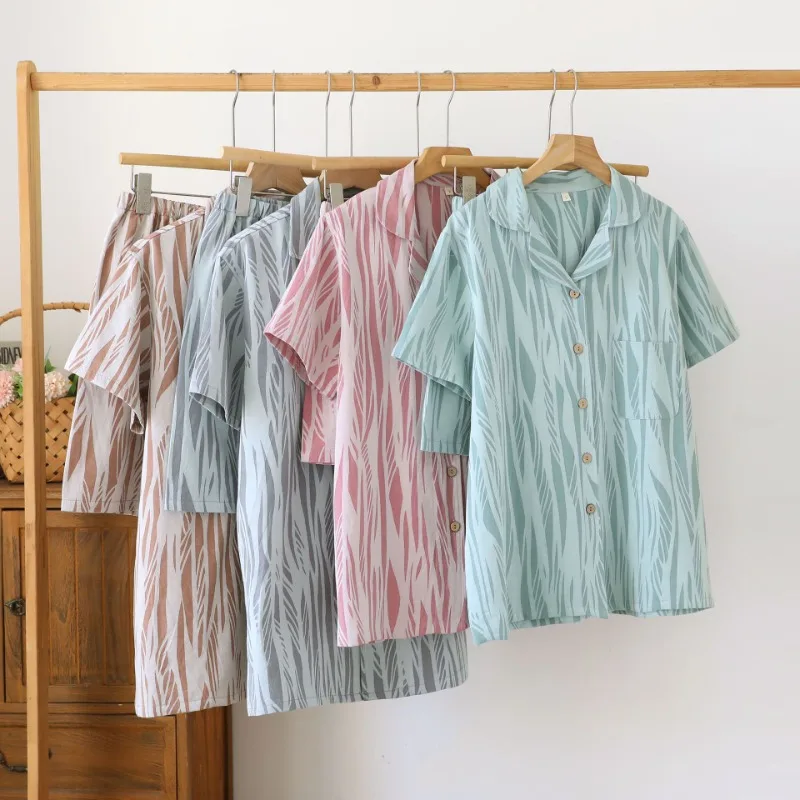 Simple Thin Men's and Women's Short-sleeved Shorts Couple Pajamas Pure Cotton-dyed Double-layer Gauze Plus-size Loungewear