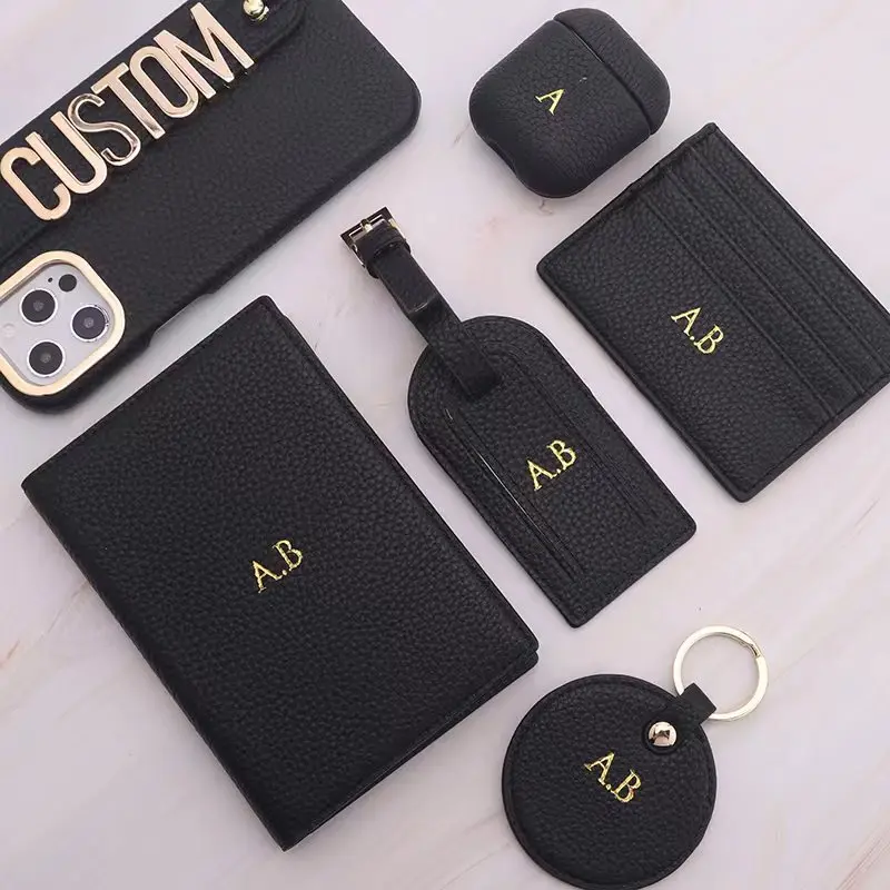 Pebble Leather Credit ID Card Holder Keychain Luggage Tag Passport Holder Fashion Bag Protective Case Custom Name Gold