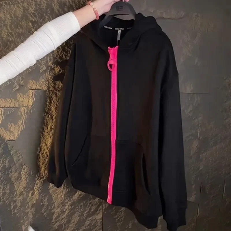 Hip Hop Retro Hoodies Women Black Large Zipper Sports Hoodie Y2k Harajuku High Street Slim Fit Sweatshirt Women Streetwear Tops