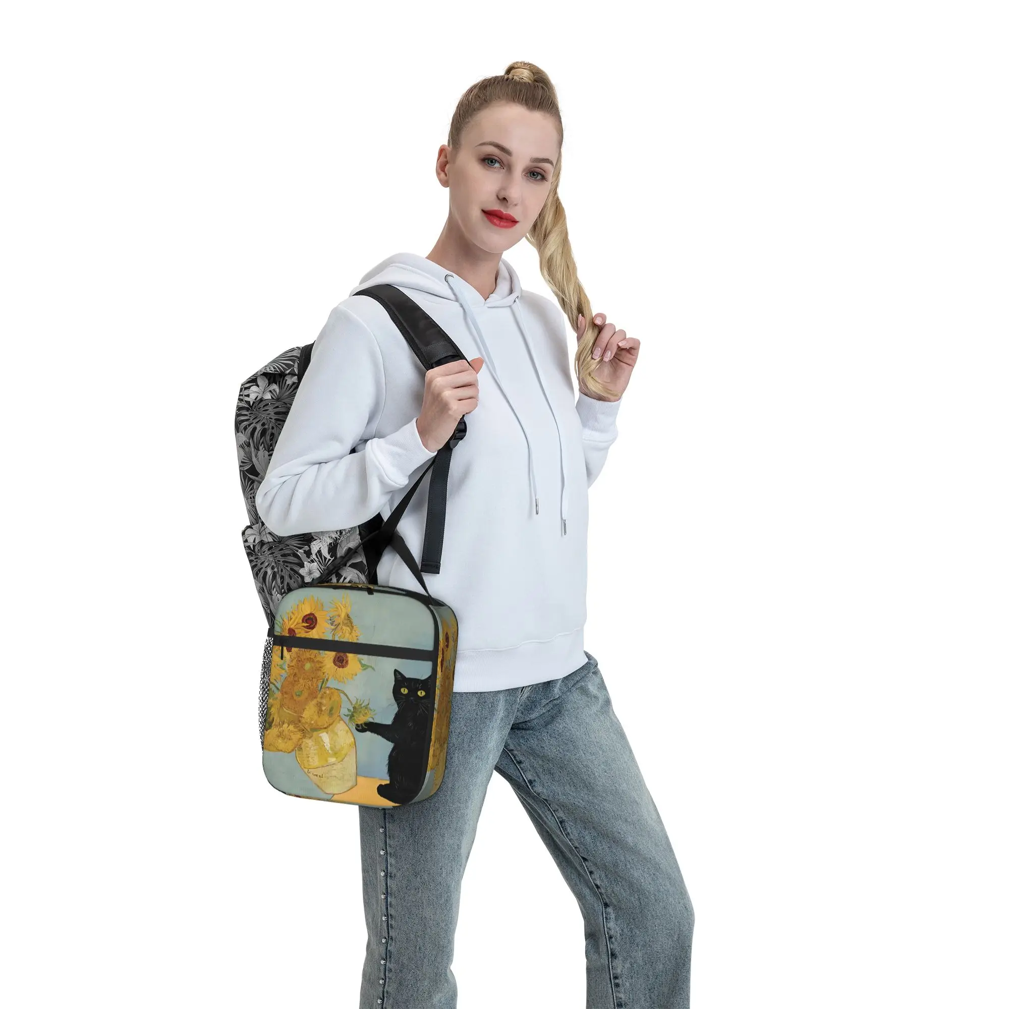 Van Gogh Sunflowers Cat Funny Insulated Lunch Tote Bag for School Office Oil Painting Portable Thermal Cooler Men Women Food Bag - view 5
