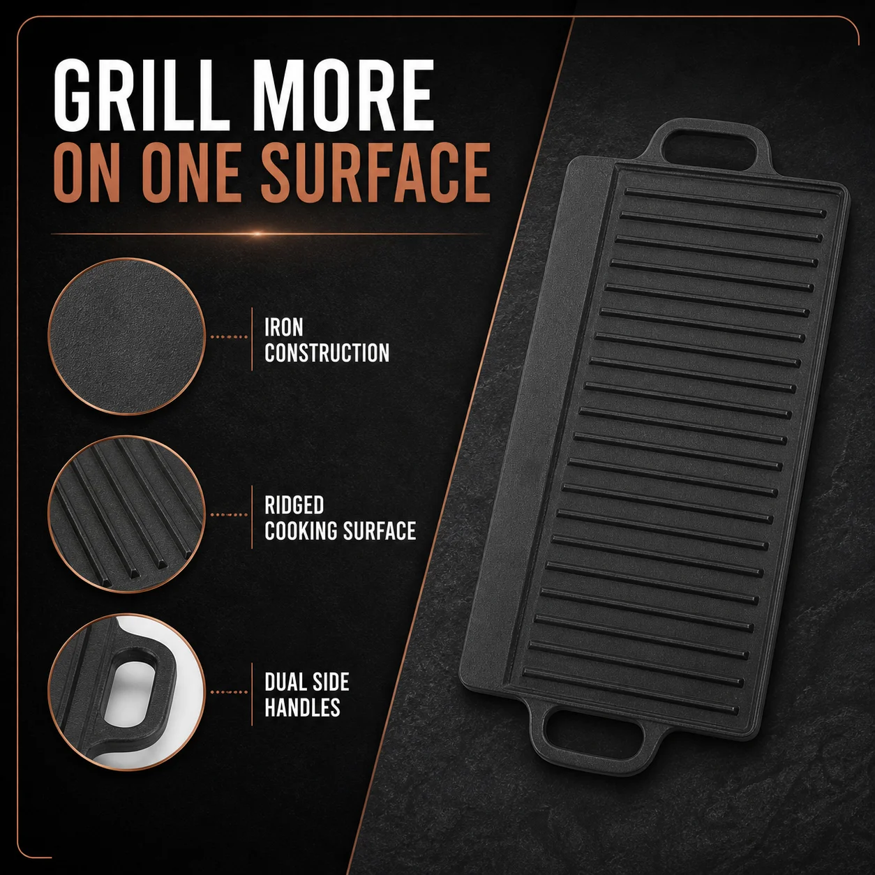 Rectangular Cast Iron Grill Griddle Pan Non-stick Surface for Oven Baking and Stovetop Use