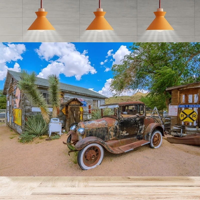 Western Motel Route 66 Rest Stop Photography Backdrop Party Aged Damaged Car Junk Jalopy Old Store Gas Station Background Wall