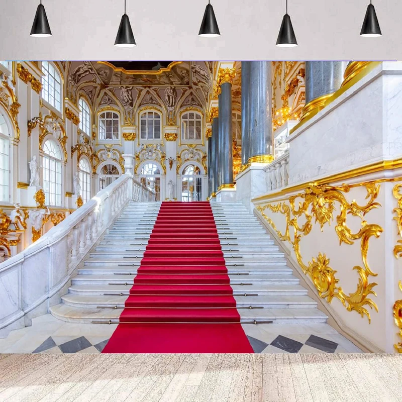 Red Carpet Stairway Palace Photography Backdrop Golden Royal Palace Gold Carving Wall Background Home Party Backdrop Wall Banner