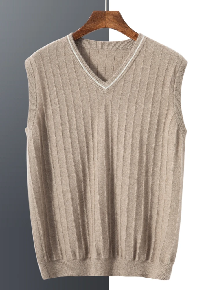 100% Pure Cashmere Vest Spring/Autumn Men's V-neck Sleeveless Sweater 2024 High-grade Warm Knit Vest All-match Waistcoat