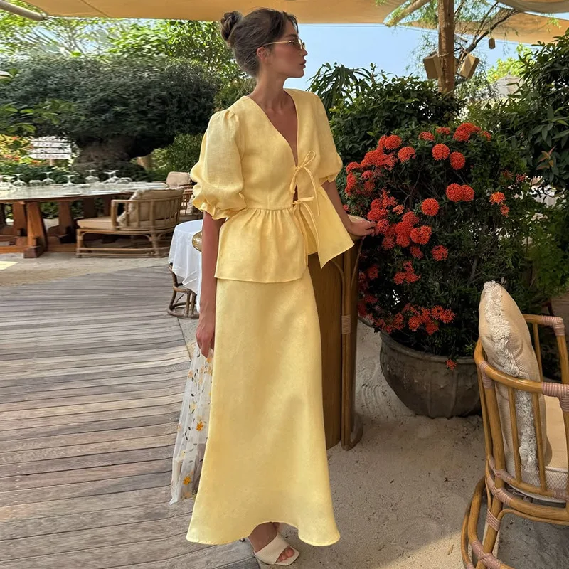 

Women's Clothing 2025 Summer New Fashion Puff Sleeve V-neck Tie Top High Waist Skirt Set Summer Dress Robe Vestido Women Elegant