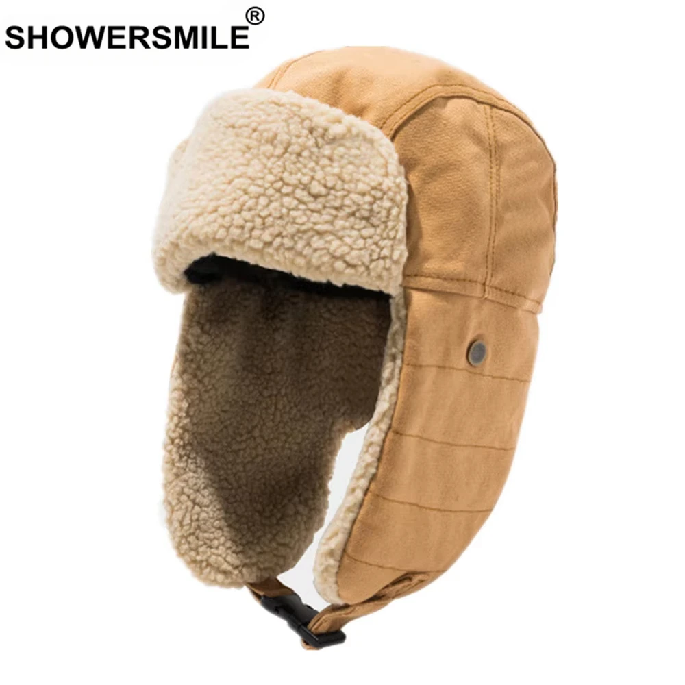 

SHOWERSMILE Polar Fleece Bomber Hats Fashion Men Women Winter Trapper Hat Earflaps Warm Adjustable High Quality Thick Ski Caps