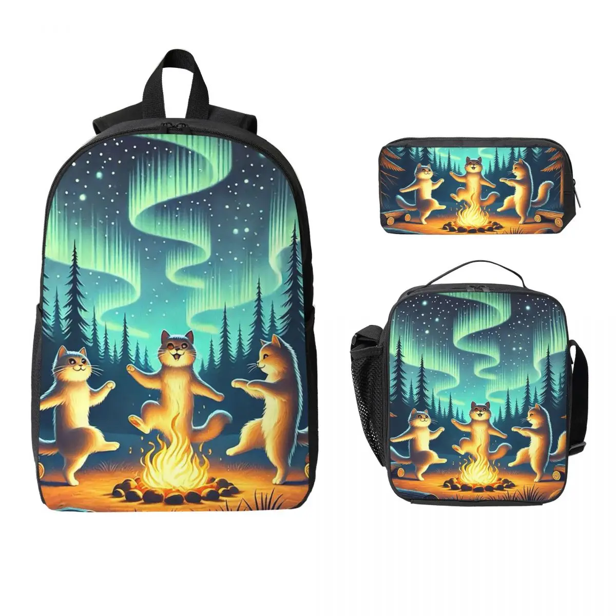 Cat Bonfire Dance Party Backpack Boys Girls BookBag School Bag Computer Shoulder Bags 3ps Insulated Lunch Bag Pencil Case