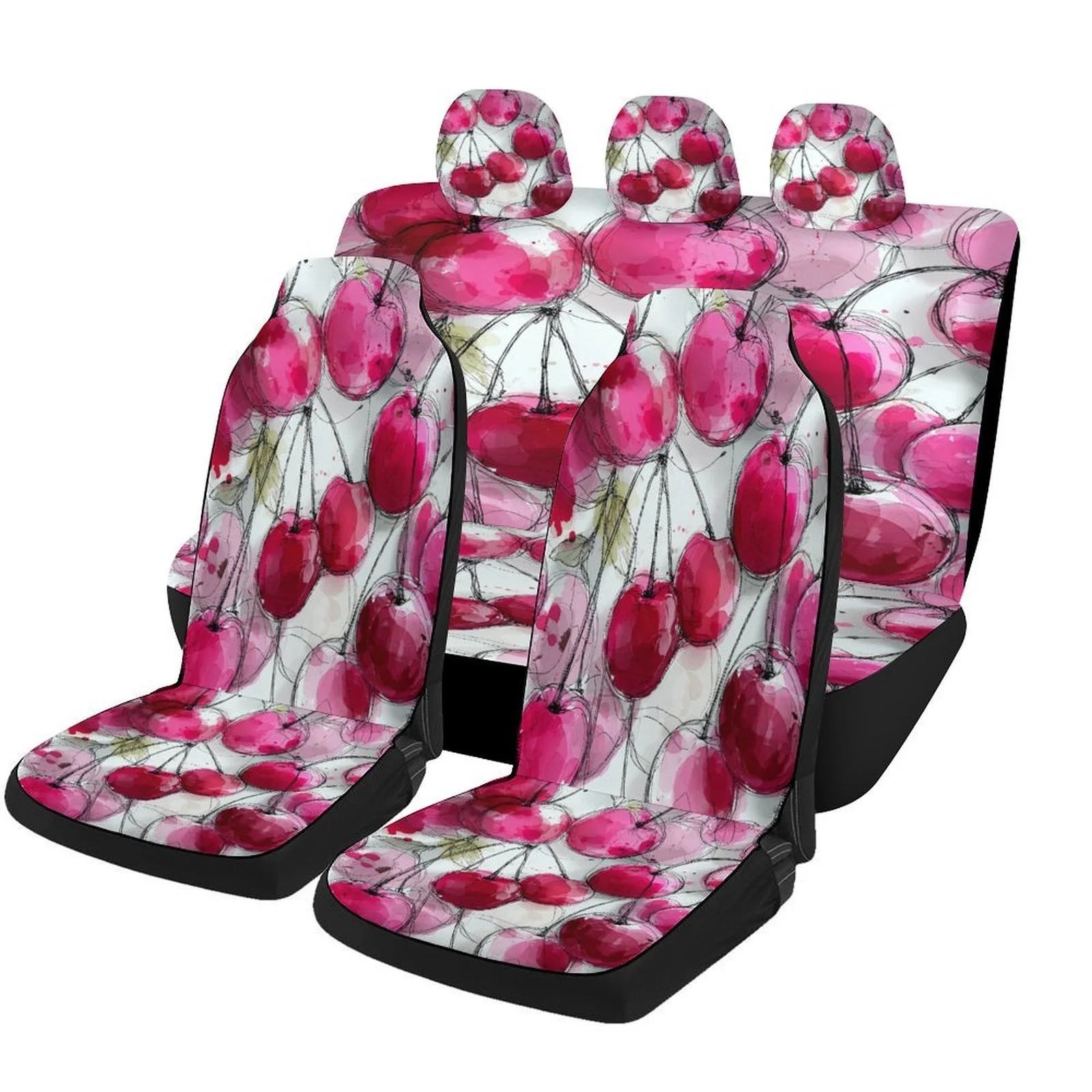 Set Of Car Seat Covers Featuring A Cherry Cluster Design, Suitable For A Variety Of Vehicles. Stylish And Unique, This Complete