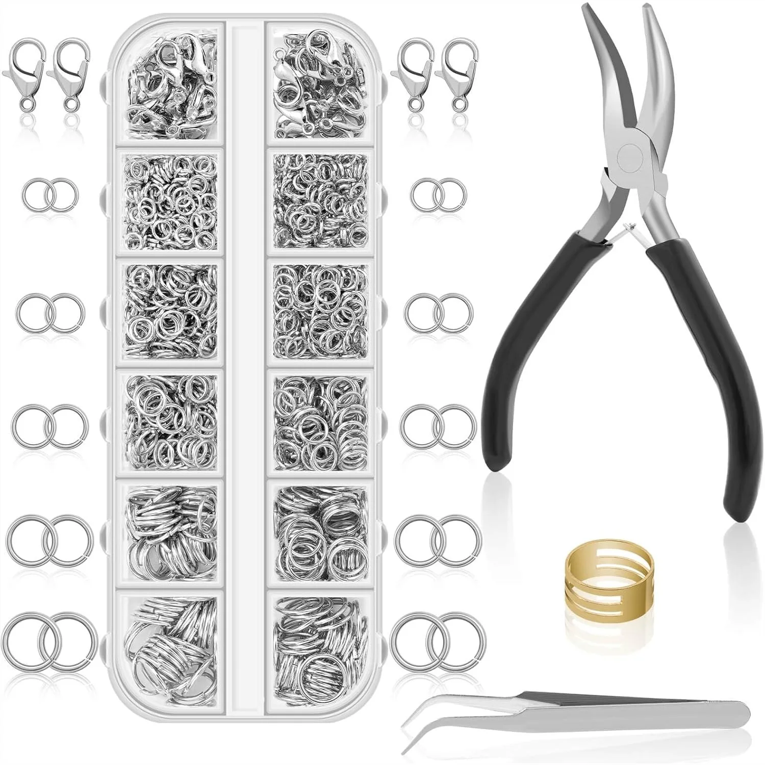 

1200PCS Jump Rings for Jewelry Making, Silver Jump Rings and Clasps with Pliers Tools for Necklace Repair