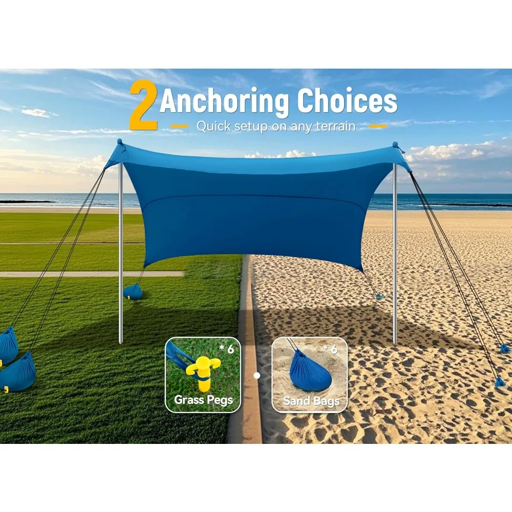 خيمة شاطئ، مأوى شمسي بعامل حماية من أشعة الشمس 50+، مظلة خارجية مقاس 10 × 10 أقدام مع أكياس رمل، أوتاد أرضية، أقطاب ثابتة ومجرفة رمل، شمس محمولة