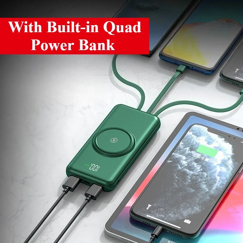 Magnetic Power Bank 20000mAh Fast Charging Portable Charger With Built-in Quad Cable For iPhone 14 15 16 Samsung Xiaomi Huawei