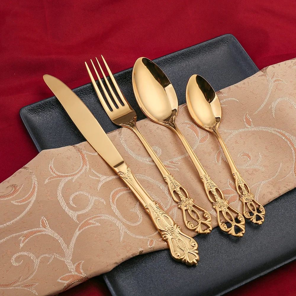 

Royal Stainless Steel Cutlery Set, Gold Dinnerware Spoon Forks Knives Kitchen Western Dinner Silverware Tableware Gift 24Pcs