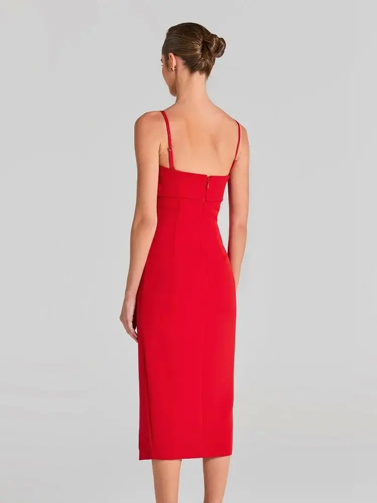 Abito floreale con fasciatura da donna elegante rosso staccabile senza spalline Spaghetti Abiti da festa di nozze Abito da sera sexy di lusso
