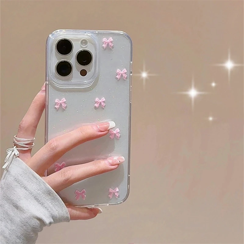 Cute Pink Bowknot Phone Case For iPhone 16 15 14 13 12 11 Pro Max 7 8 16 Plus X XS XR Korea Girl Epoxy Shell Clear Soft Cover