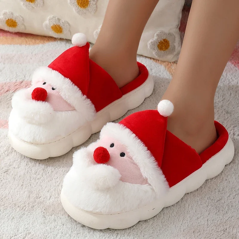 Kreskówkowe kapcie świąteczne z motywem Świętego Mikołaja, damskie, antypoślizgowe, domowe kapcie bawełniane, damskie kapcie z miękką podeszwą, damskie klapki bawełniane do noszenia w domu.