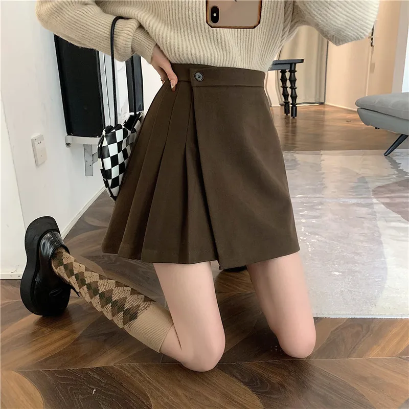 Coffee Woolen Skirt Women Autumn Irregular Short Skirts Belly-covering Hip-hugging High-waisted A Line Pleated Clothing