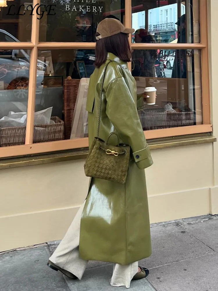 PU Leder Mode Split Langen Mantel Frauen Einreiher Lose drehen-unten Kragen Tasche Straße 2024 Herbst Outwear Grüne jacke