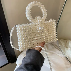 Pearl Beading Small Square Shoulder and Crossbody Bags Simple Fashion Versatile Handbags for Women 2024 Designer New Style