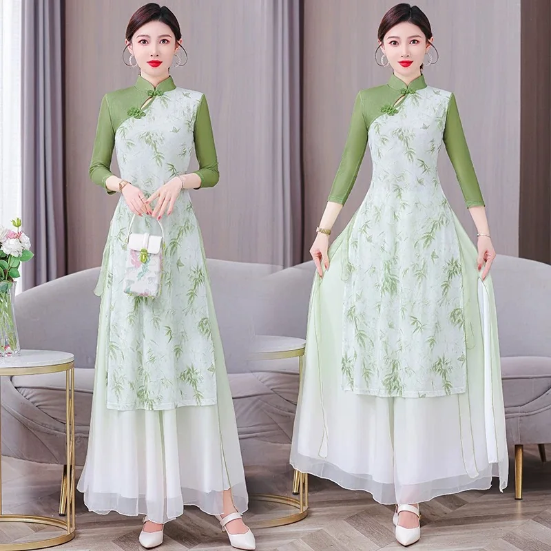 Summer Women Traditional Vietnam Cheongsam Suit Oriental Printed Banquet Evening Dress Dance Stage Performance Costumes