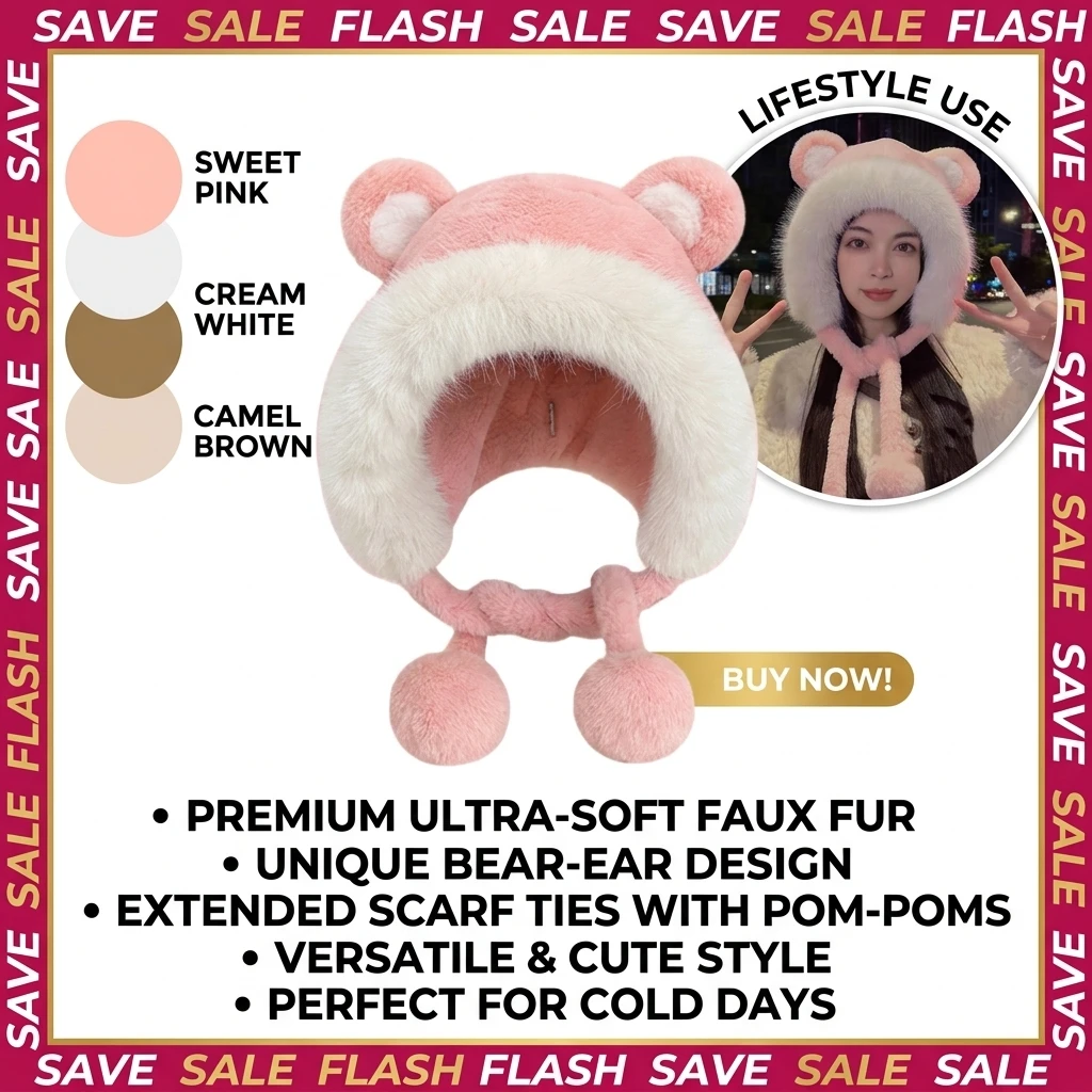 Winter Warm Cute Plush Bear Ear Hat Women Warm Faux Fur Beanie Trapper Hat with Strap Ear Flap Windproof Thick Fuzzy Cap Costume