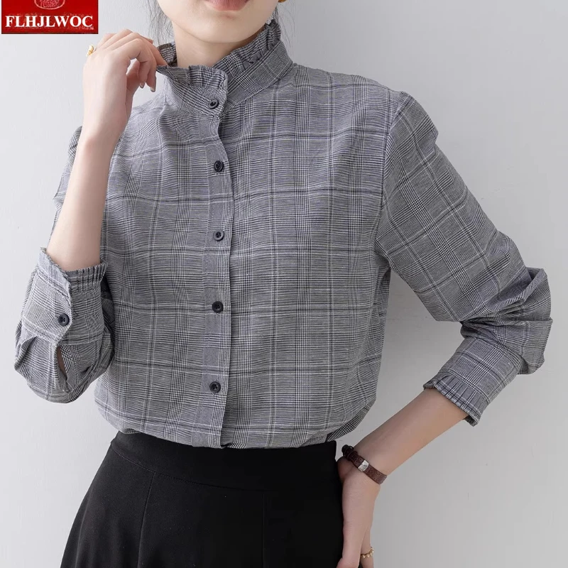 Volants col montant rétro Vintage hauts Blouses femme automne printemps Chic filles mignonnes à manches longues élégant bases gris chemises à carreaux