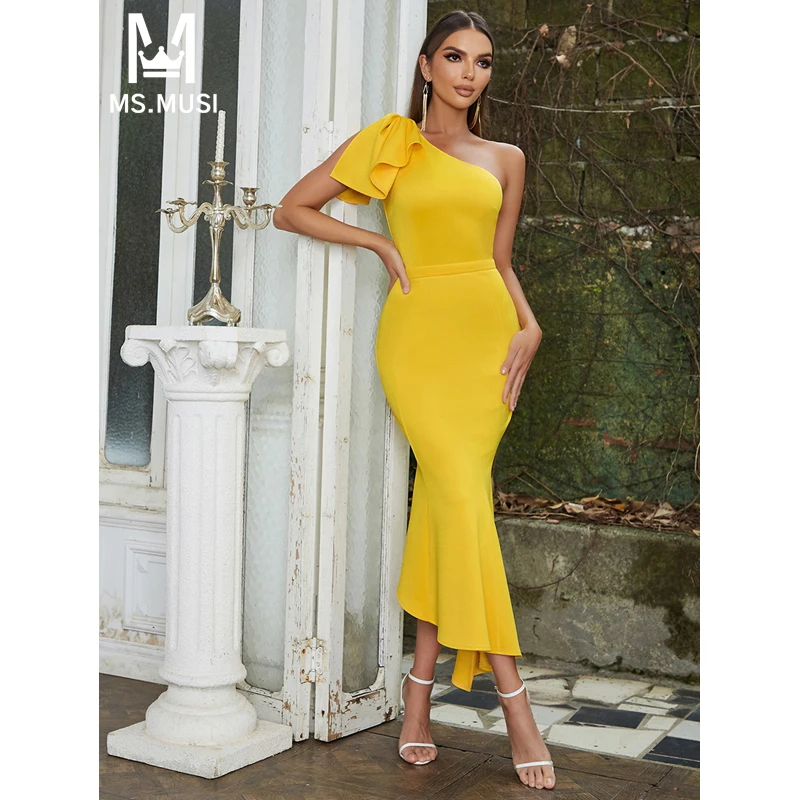 

MSMUSI 2024 New Fashion Women Sexy Solid One Shoulder Falbala Ruffles Draped Fold Sleeveless Bodycon Party Club Event Midi Dress