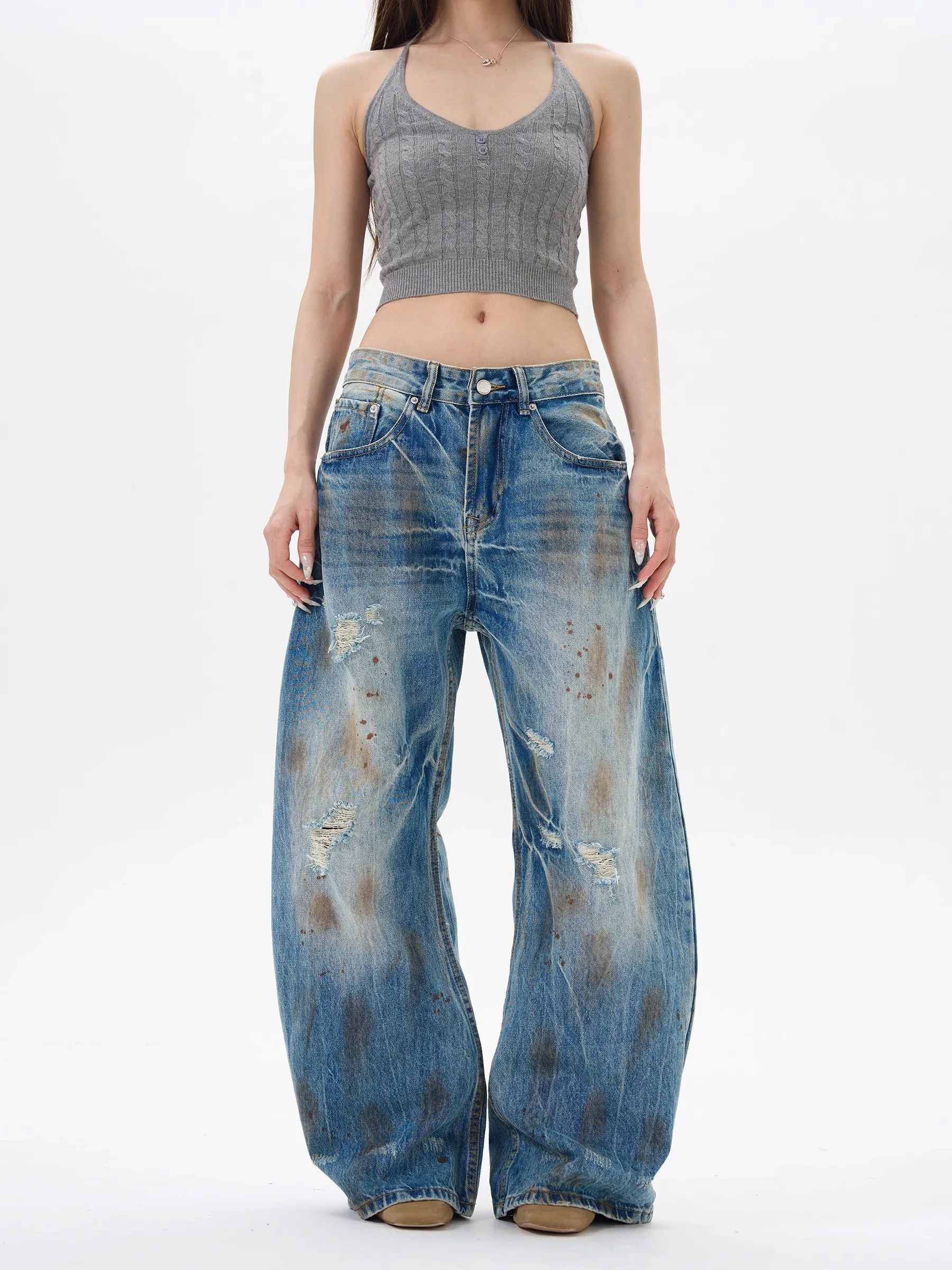 

Retro Vintage Jeans For Women'S Summer 2025 New Y2k Dirty Hole Design, Loose And Casual Wide Leg Pants