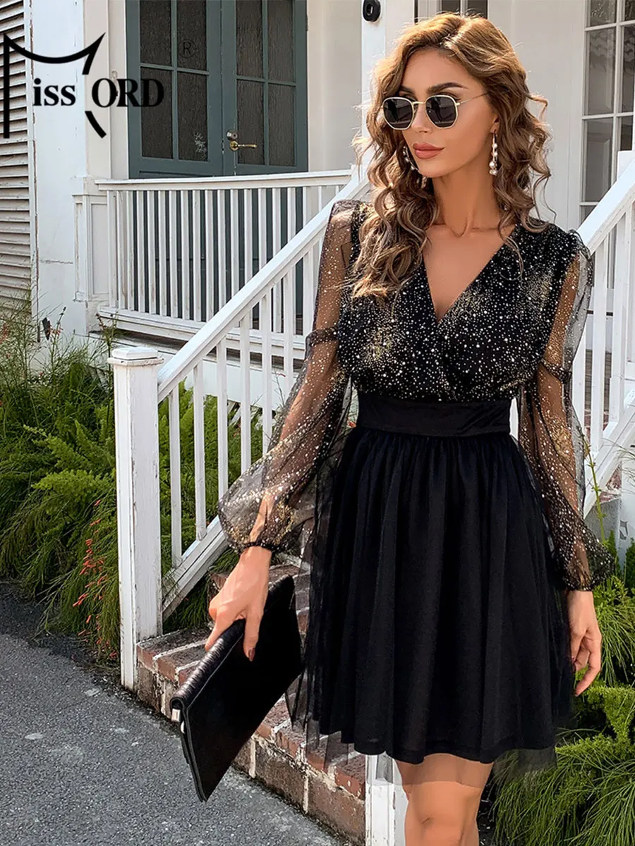 Missord Glitter Blue Mini Tulle Dress Women Deep V Neck See Through Lantern Sleeve Short Casual Party Dresses Ball Gown