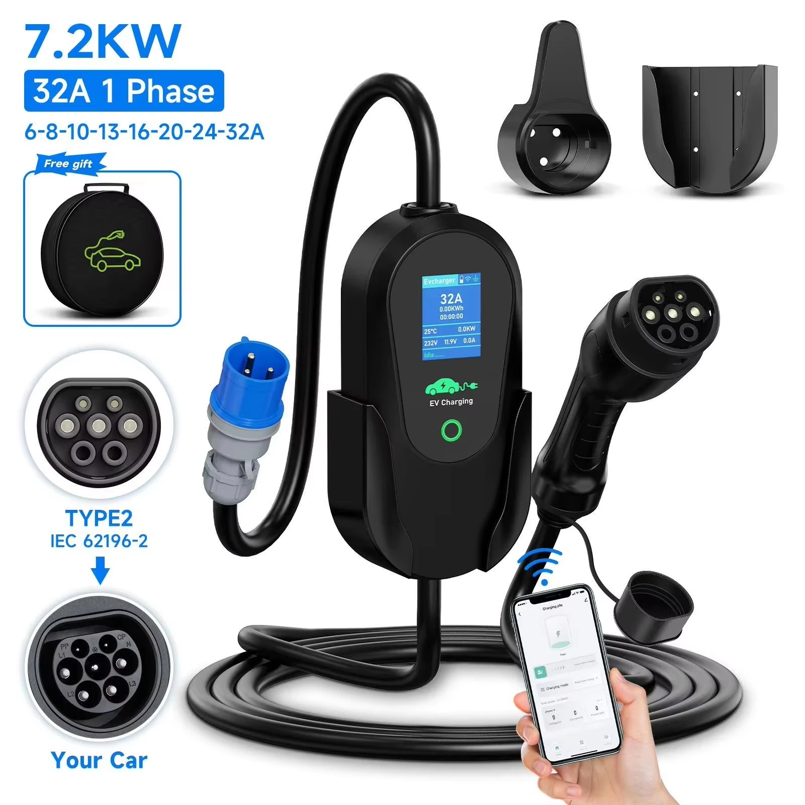 Chargeur de véhicule électrique portable JNTAFEV 7,2 kW Type 2 32A, chargeur rapide monophasé, borne de recharge murale, prise CEE, contrôle par application WIFI