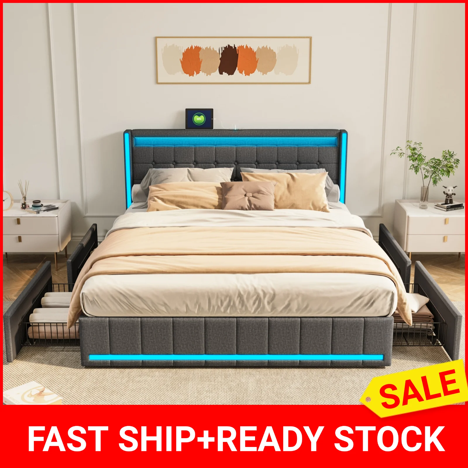 Double Bed, Linen Fabric, Headboard with LED Light and  USB Charging Function, Storage Bed, with 4 Iron Drawers, Dark Grey